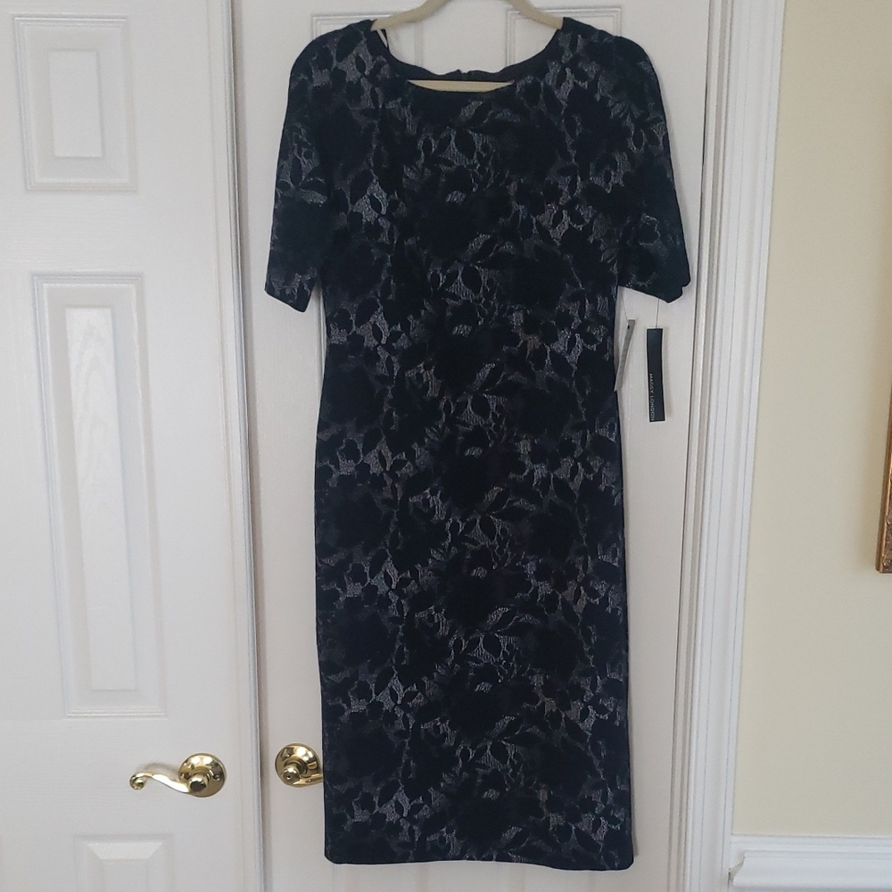 Maggy London Navy and Gray Floral Midi Dress NWT
